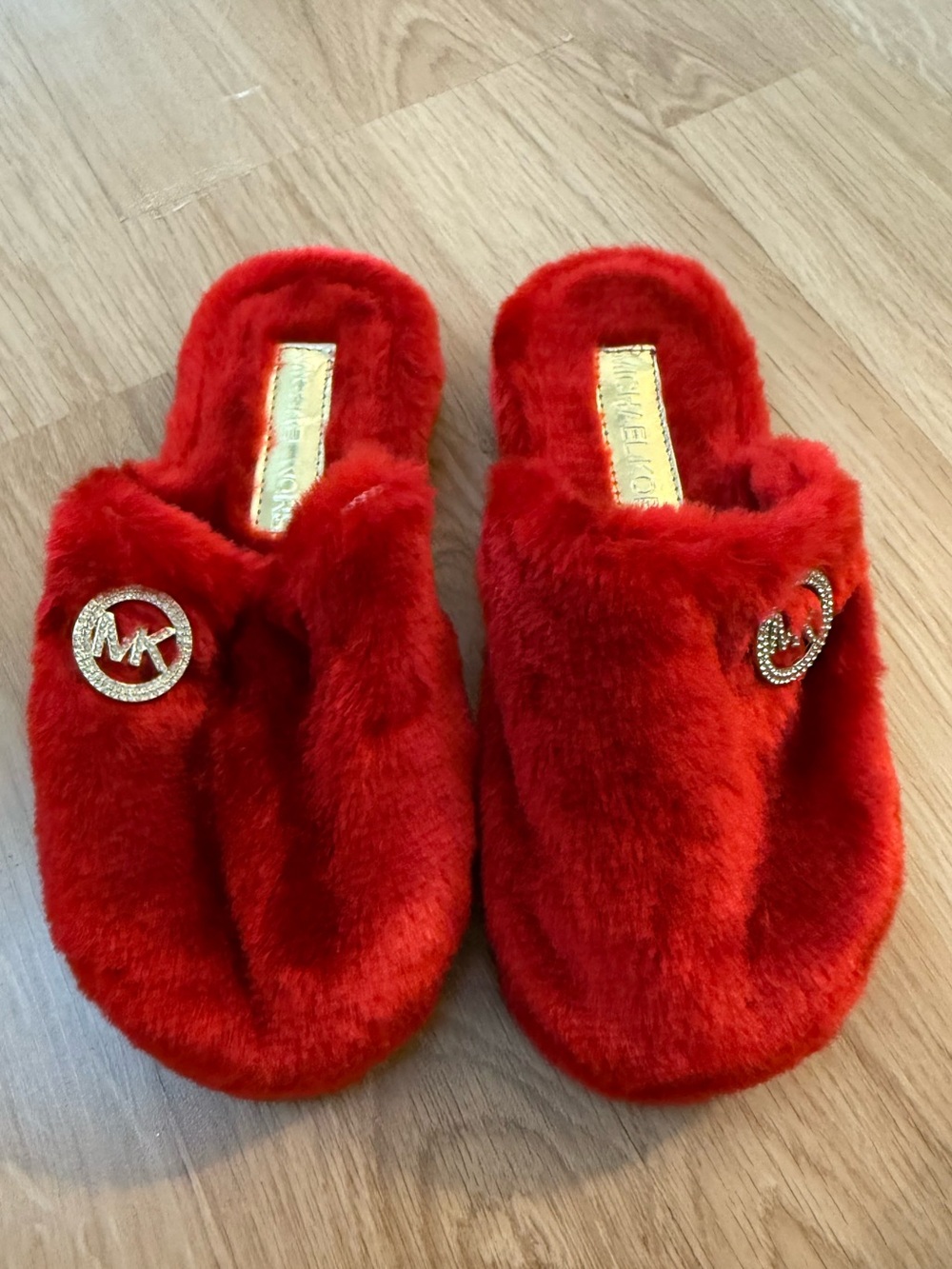 Michael Kors Plush Red Faux-Fur Slide Slippers with Gold Logo Accents
